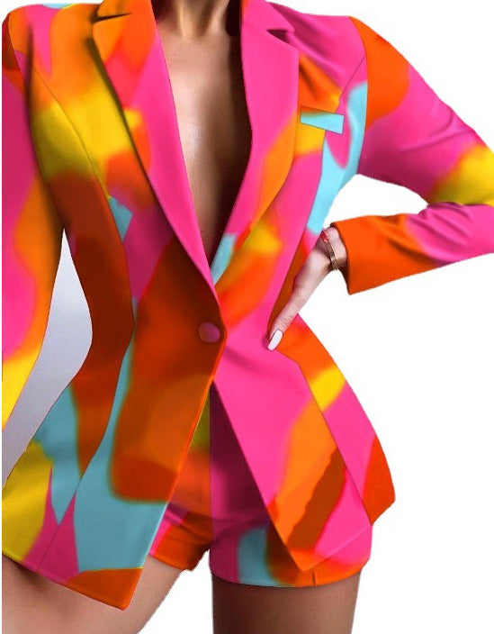 Women's V-Neck Patterned Suit Jacket & Pant Sets