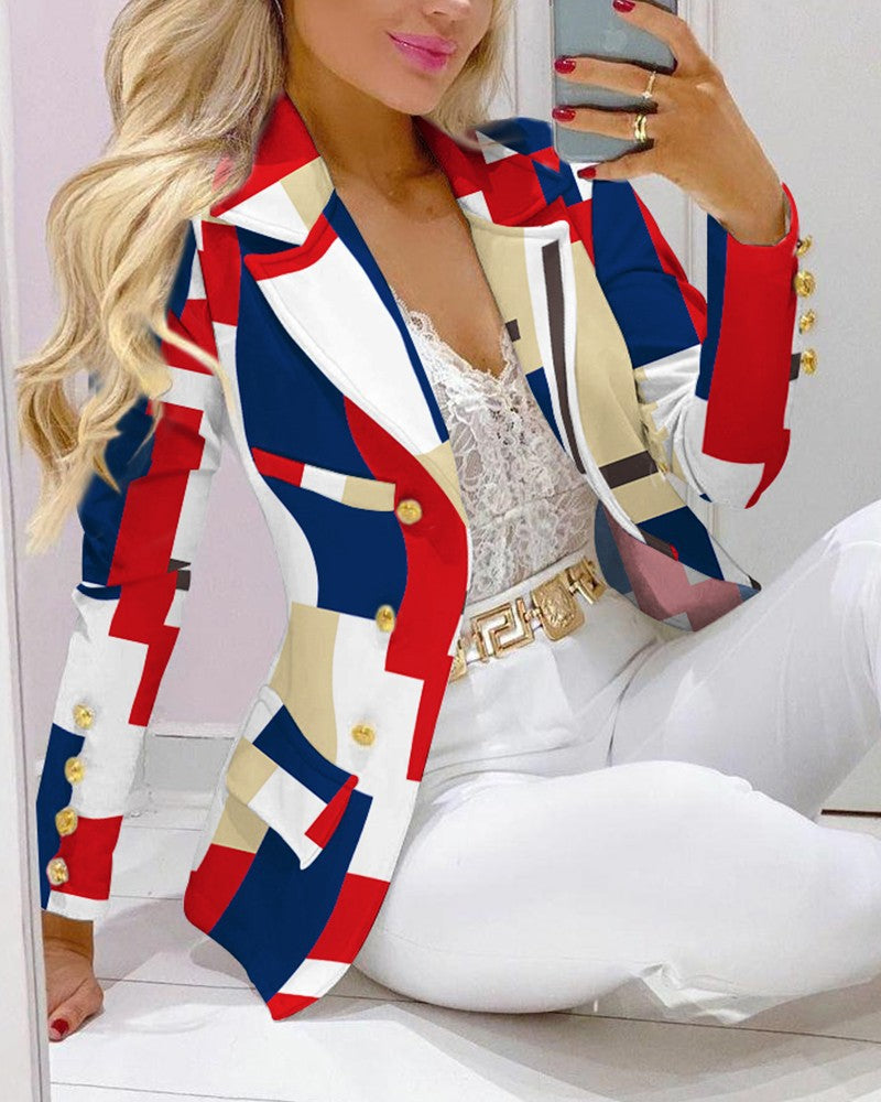 Women's Lapel Neck Patterned Suit Jacket & Pant Sets