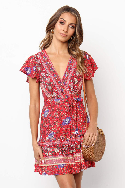V-neck Short-sleeved Floral Sexy Dress CD388