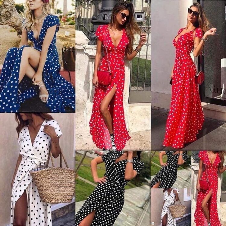 Polka Dot Printed Low Cut Short Sleeved Slit Dress CD310