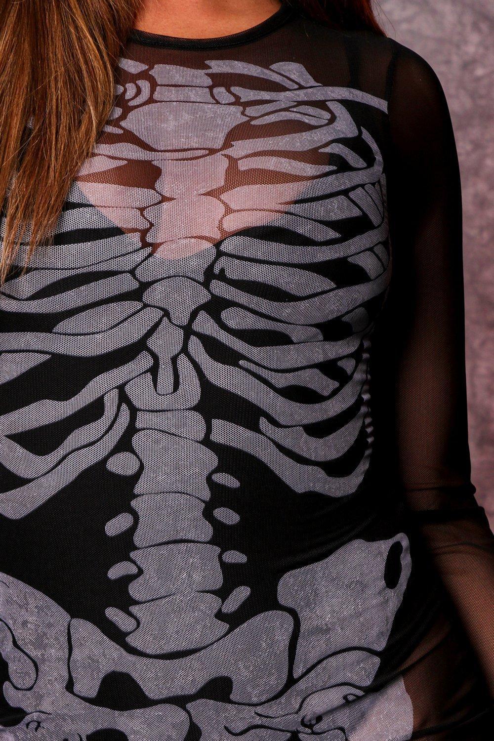 Mesh Crewneck Skull Print Sexy Dress CD328