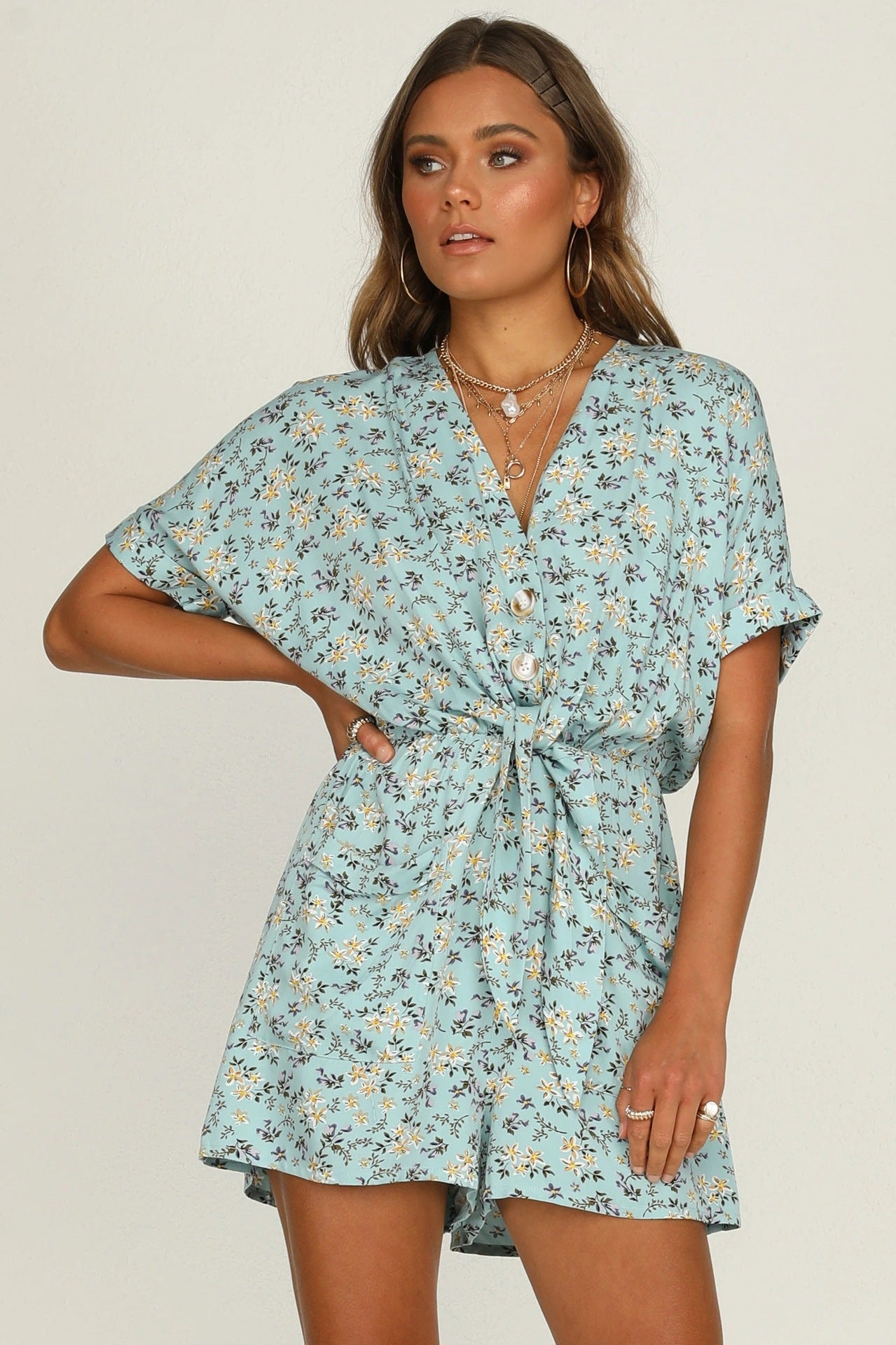 Floral Short Sleeved V-neck High Waisted Jumpsuit CD382