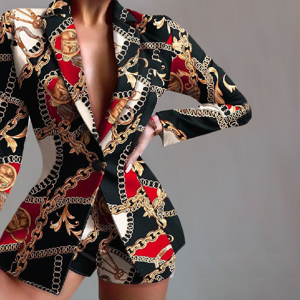 Women's V-Neck Patterned Suit Jacket & Pant Sets