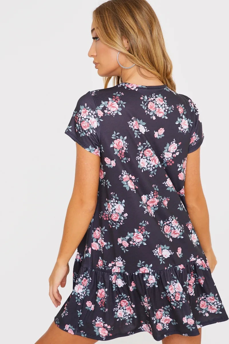 Printed Round Neck Short Sleeve Ruffled Dress CD227