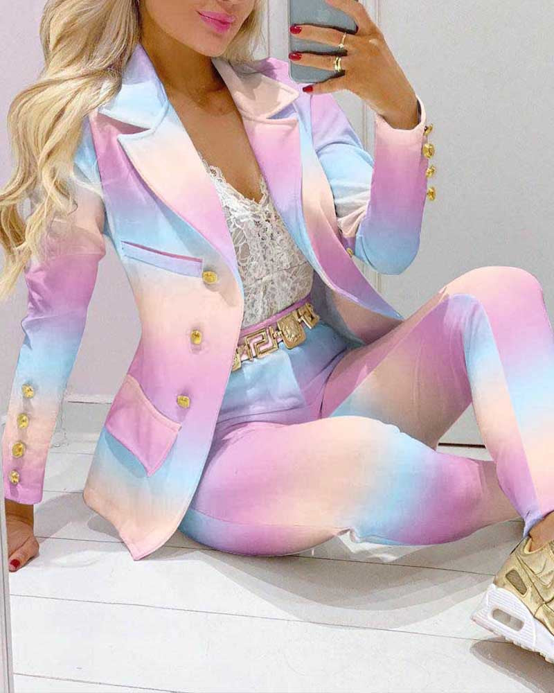 Women's Lapel Neck Patterned Suit Jacket & Pant Sets