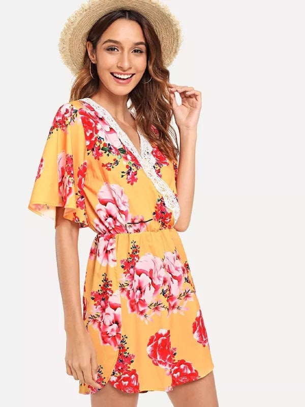 Lace V-neck Short-sleeved Print One-piece Shorts CD351