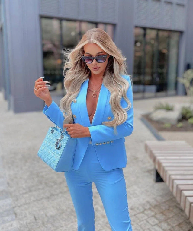 Professional Deep V-Neck Suit Jacket & Pant Sets