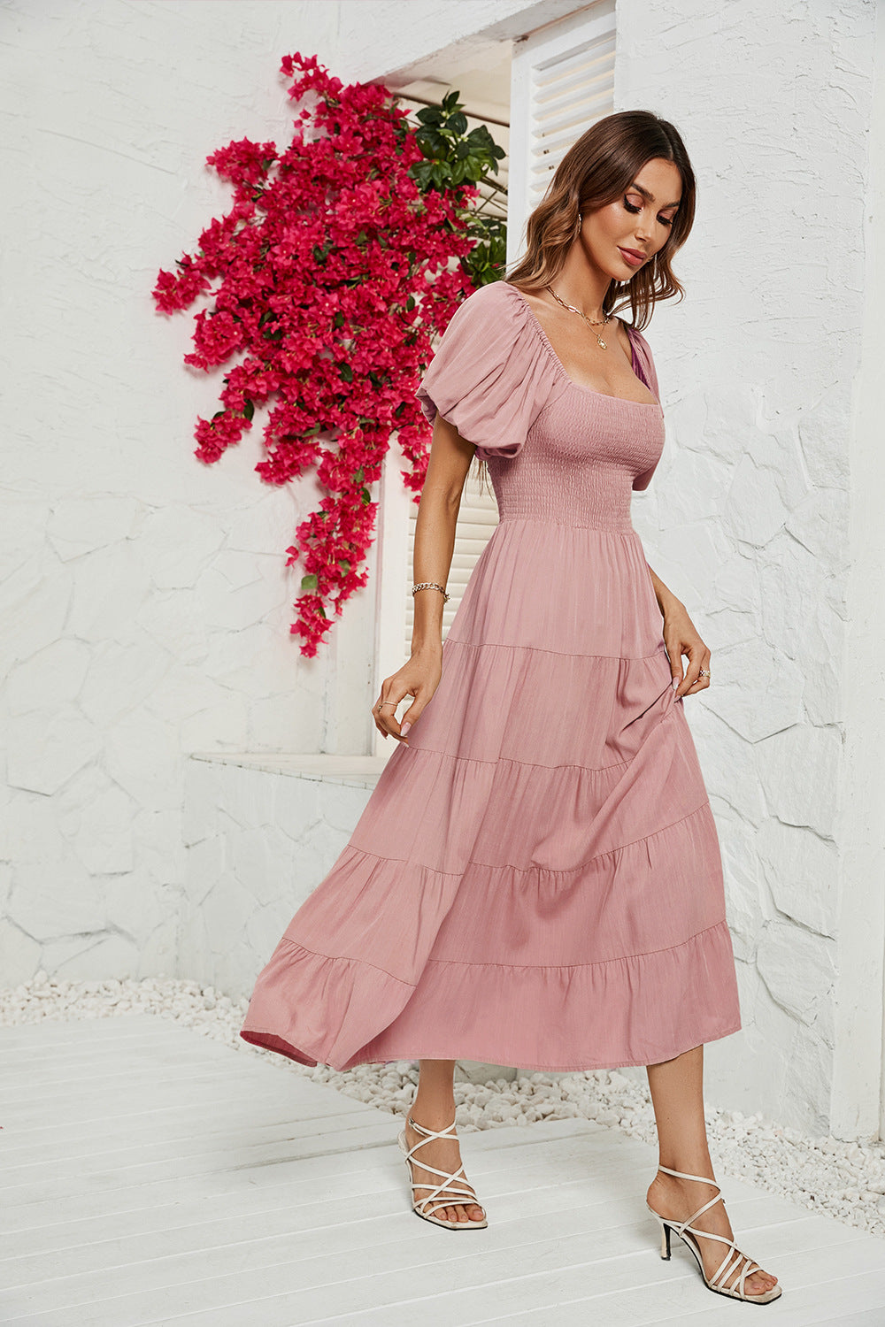Women's High Waist Bubble Sleeve Wrap Up Dress CD551
