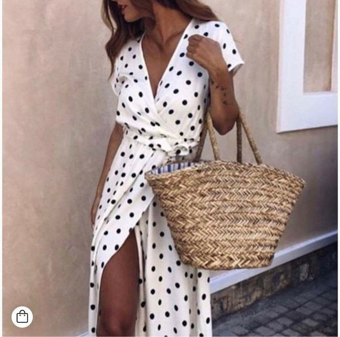 Polka Dot Printed Low Cut Short Sleeved Slit Dress CD310