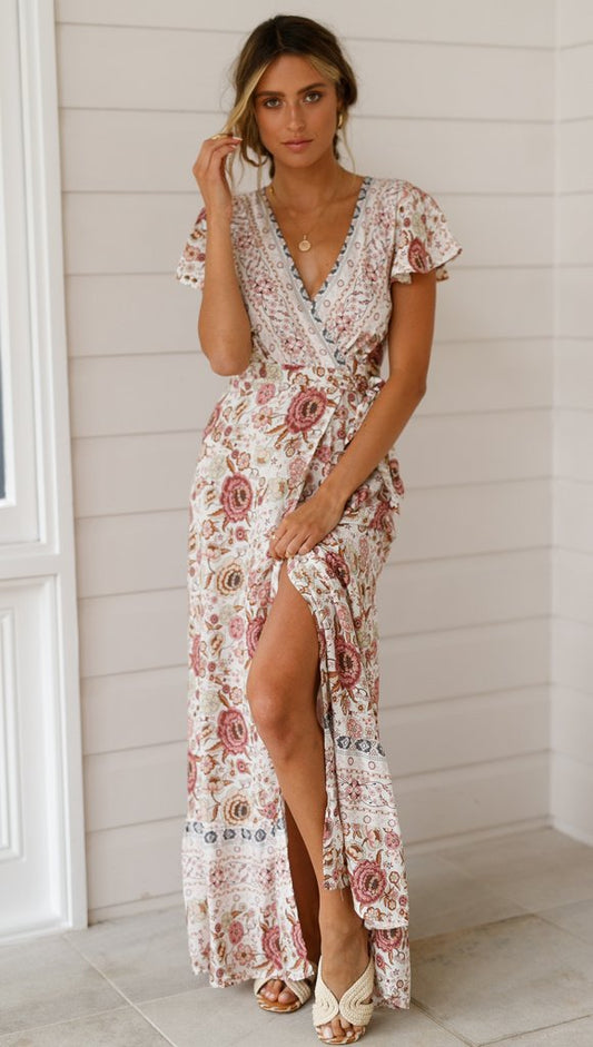 V-neck Lotus Printed Sexy Swing Long Dress CD298