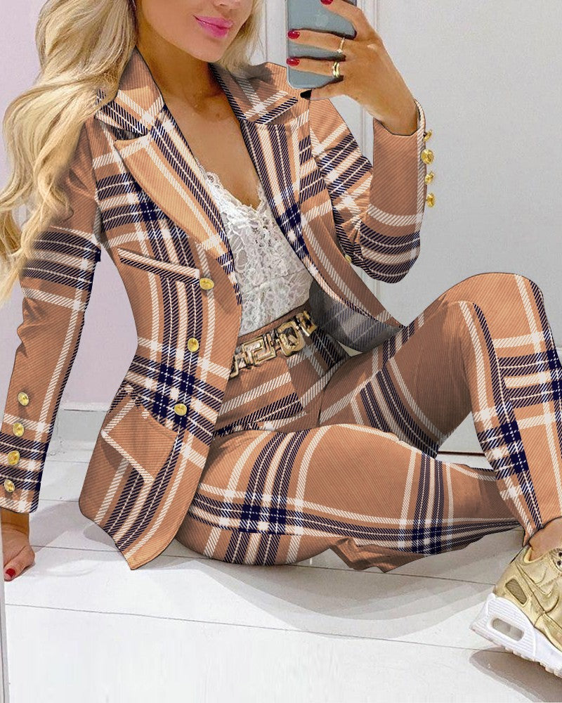 Women's Lapel Neck Patterned Suit Jacket & Pant Sets