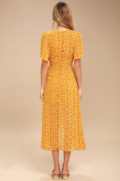 V-neck Short Sleeved Floral Irregular Dress CD385