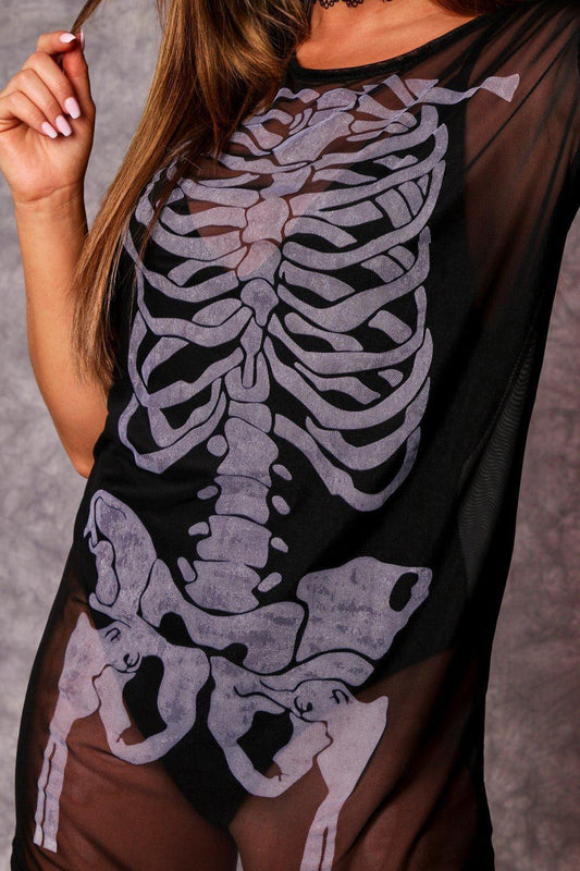Round Neck Mesh Skull Print Sexy Dress CD387