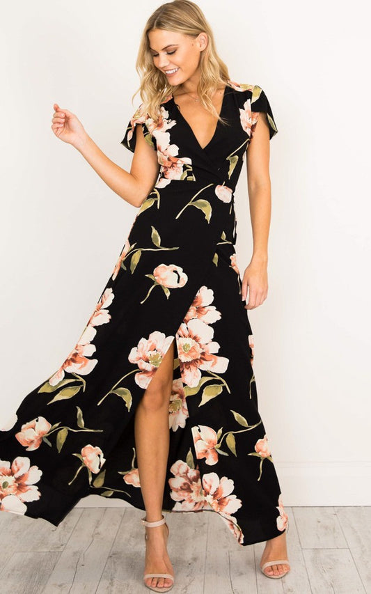 Printed V-neck Short Sleeved Big Swing Long Dress CD287
