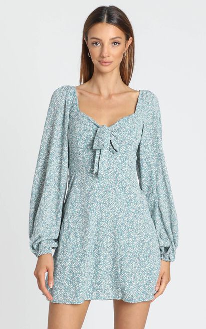 Floral V-neck Bow Long Sleeve High-rise Dress CD348