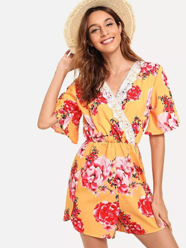 Lace V-neck Short-sleeved Print One-piece Shorts CD351