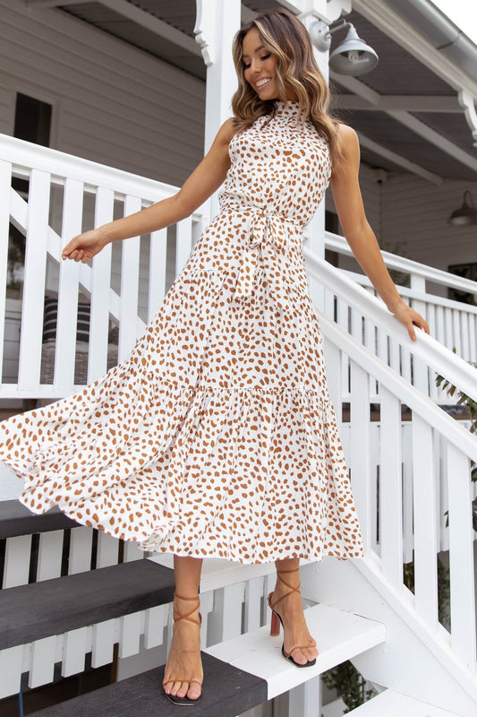 Leopard Print Mid Waist Sleeveless Ruffle Long Dress CD312