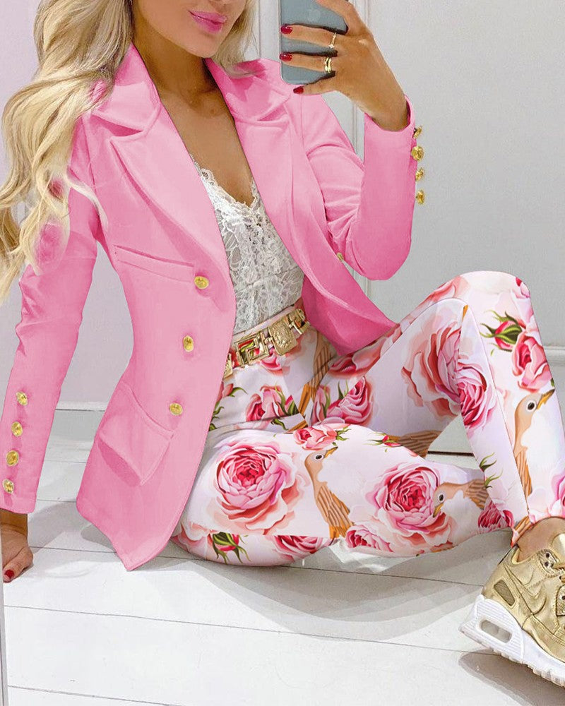 Women's Lapel Neck Patterned Suit Jacket & Pant Sets