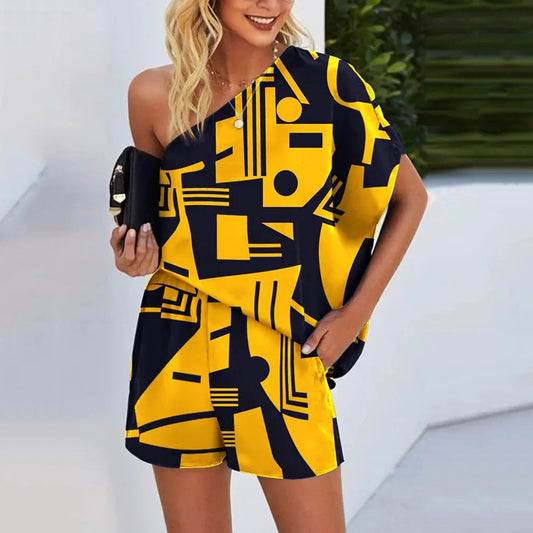 Printed Diagonal Neck Sexy Off Shoulder Loose Set Women's CD628