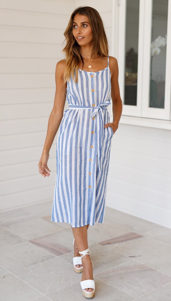 Striped Print V-neck Slip Sleeveless Dress CD346