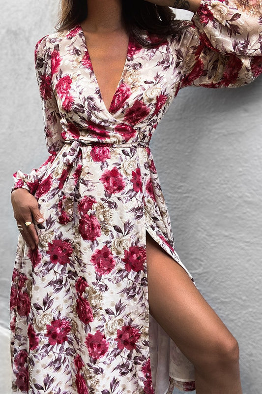 Printed Long Sleeve V-Neck High Waist Large Swing Dress CD377