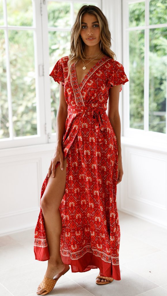 Short-sleeved Lotus Leaf Printed V-neck High Waist Dress CD299
