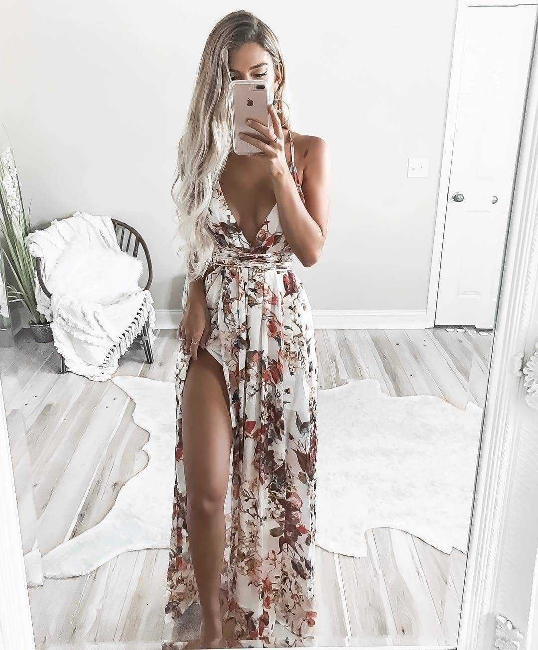 Sexy Backless Print V-neck Dress Dress CD399