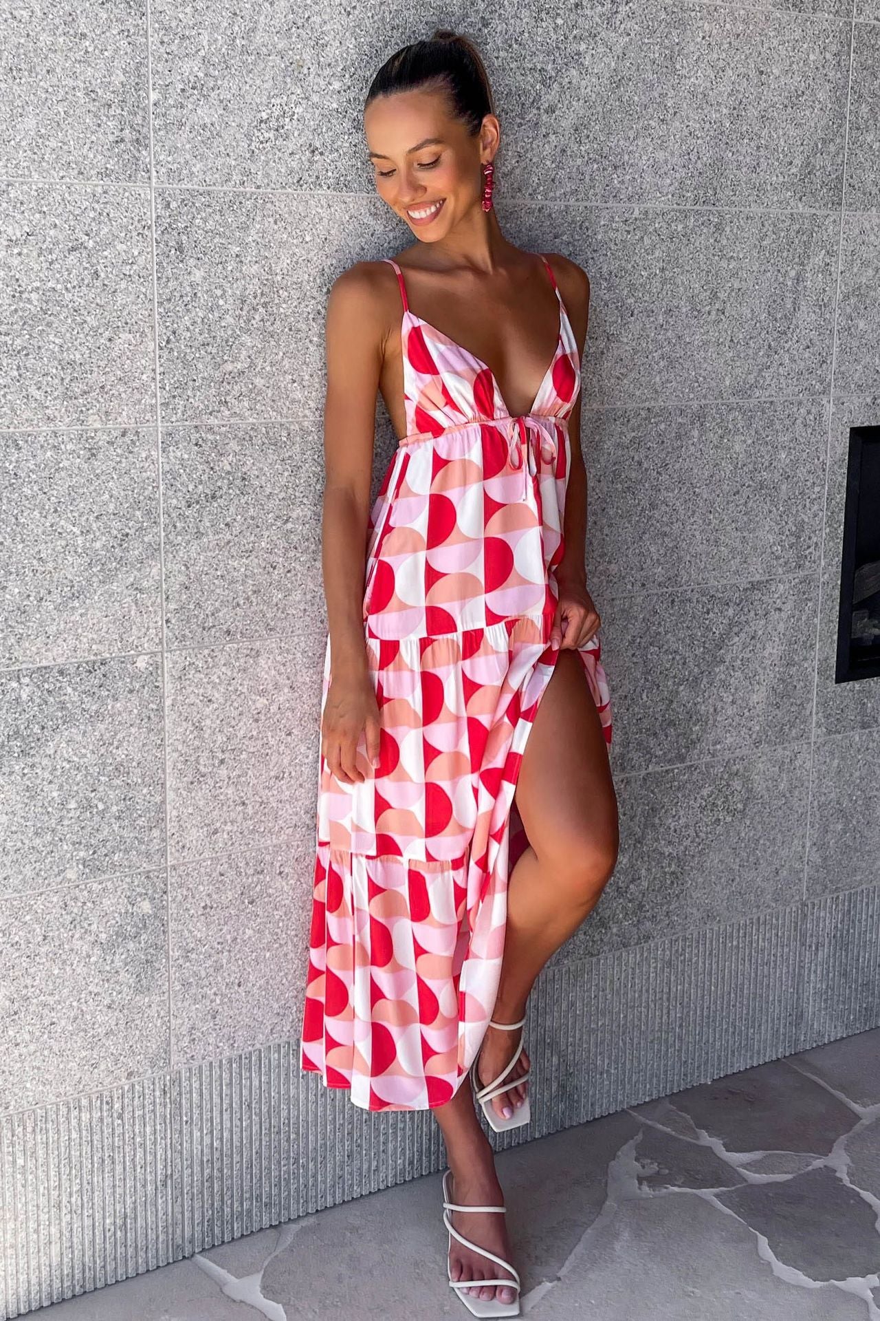Sexy Strap V-Neck Open Back Pleated Print Dress CD329