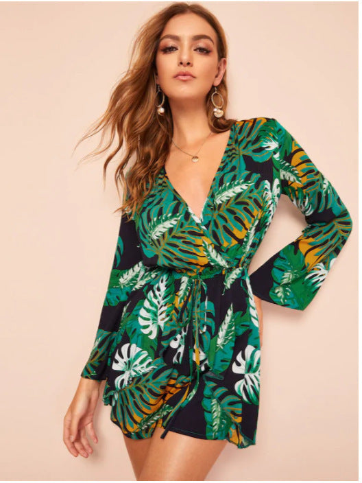 Long Sleeve Print V-neck Tie Jumpsuit Shorts CD372