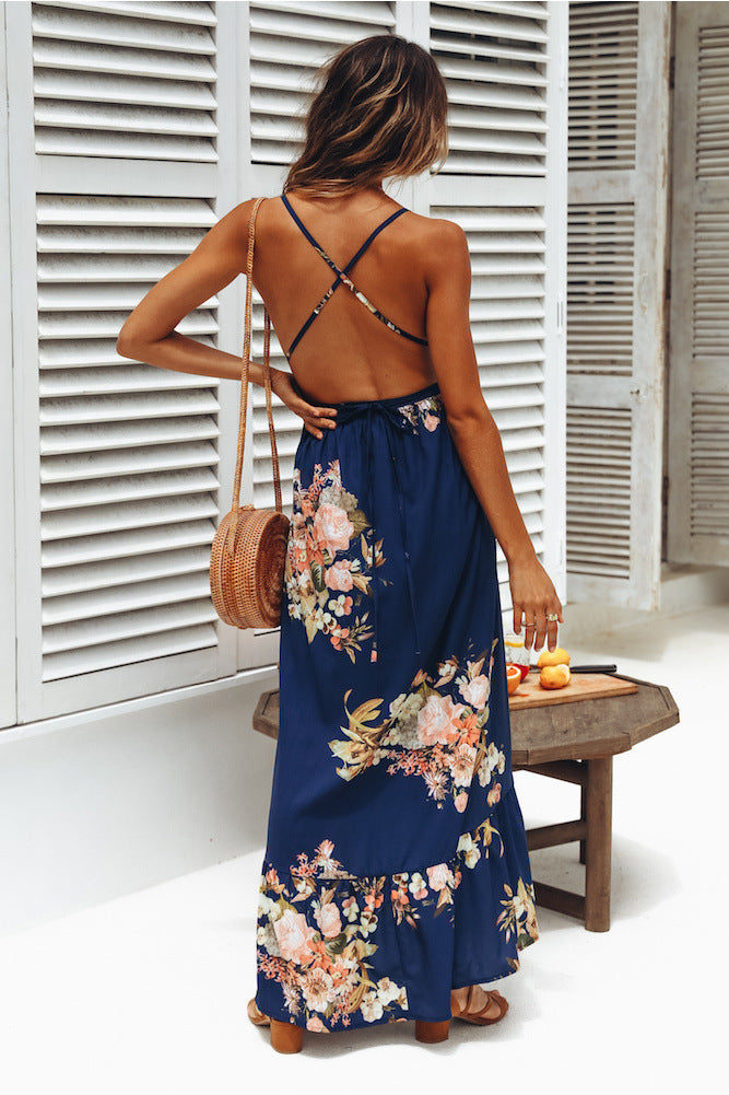 Printed V-neck Backless High Waisted Sexy Long  Dress CD290