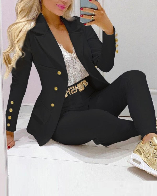 Women's Lapel Neck Patterned Suit Jacket & Pant Sets