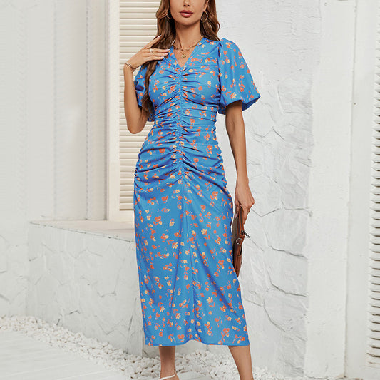 Women's Printed V-Neck Short Sleeve Dress CD571