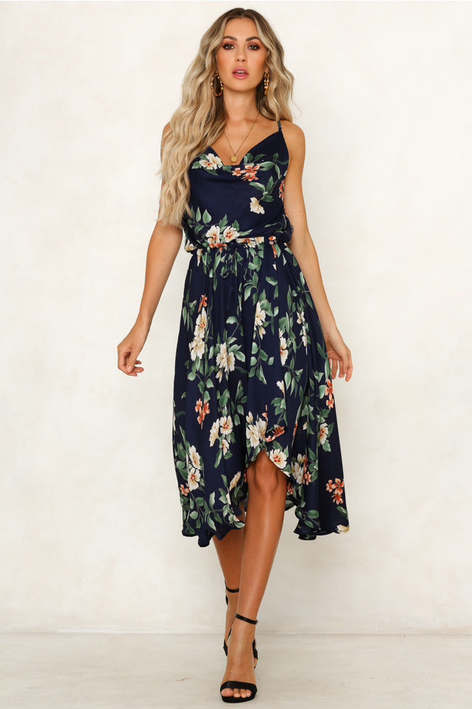 Floral Strap Printed Irregular Vacation Dress CD405