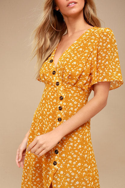 V-neck Short Sleeved Floral Irregular Dress CD385