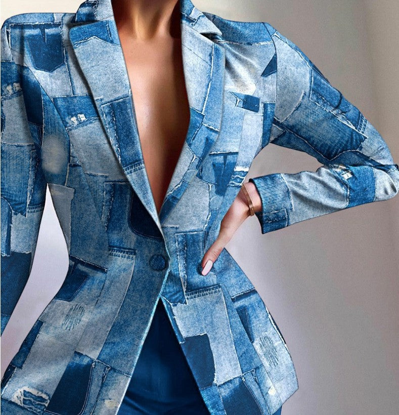 Women's V-Neck Patterned Suit Jacket & Pant Sets
