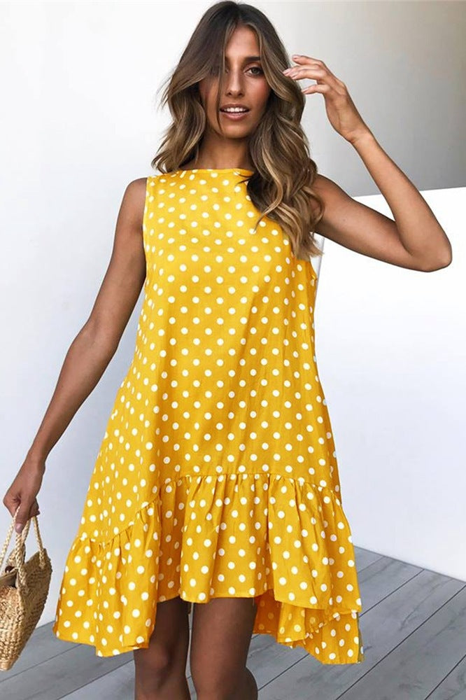 Sleeveless Crewneck Polka Dots Print Dress CD392