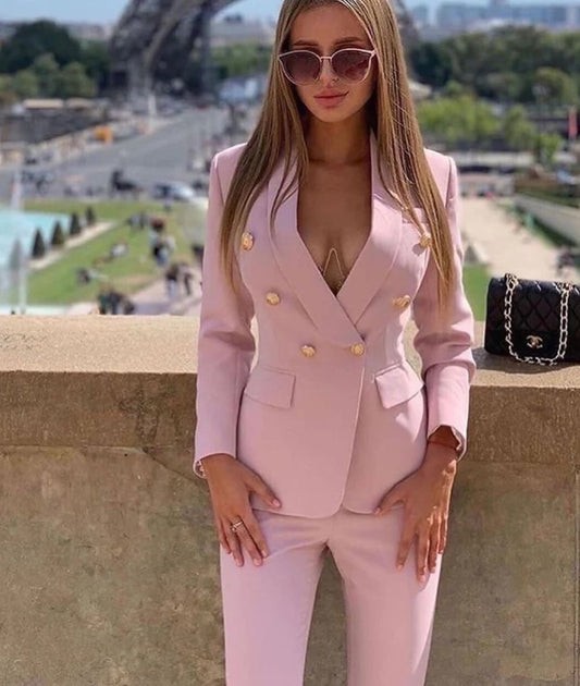 Professional Deep V-Neck Suit Jacket & Pant Sets