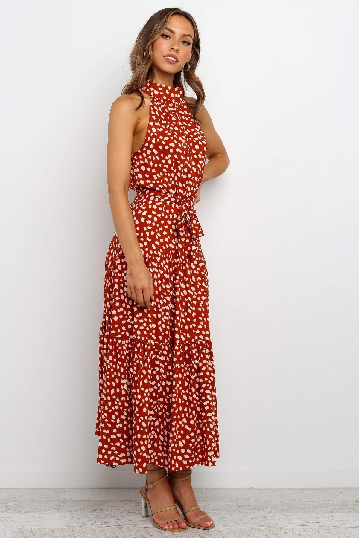 Leopard Print Mid Waist Sleeveless Ruffle Long Dress CD312