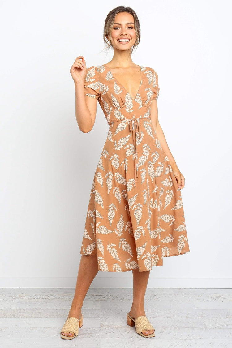 Short Sleeved V-neck Leaf Print Dress CD339