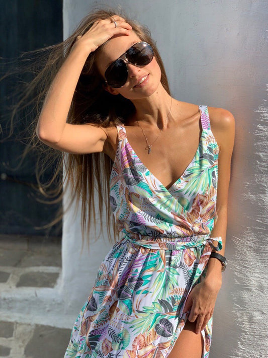 Slip Print V-neck Irregular Dress CD404