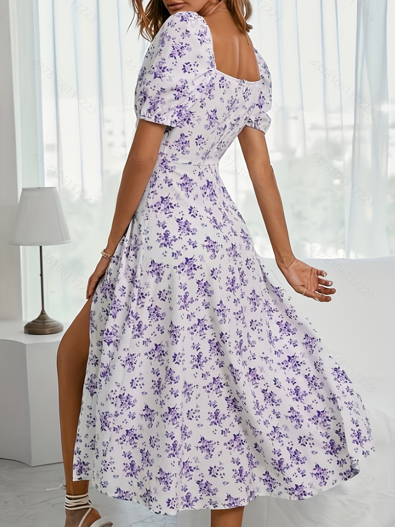Floral Print Split Backless Boho Square Neck Dress CD203