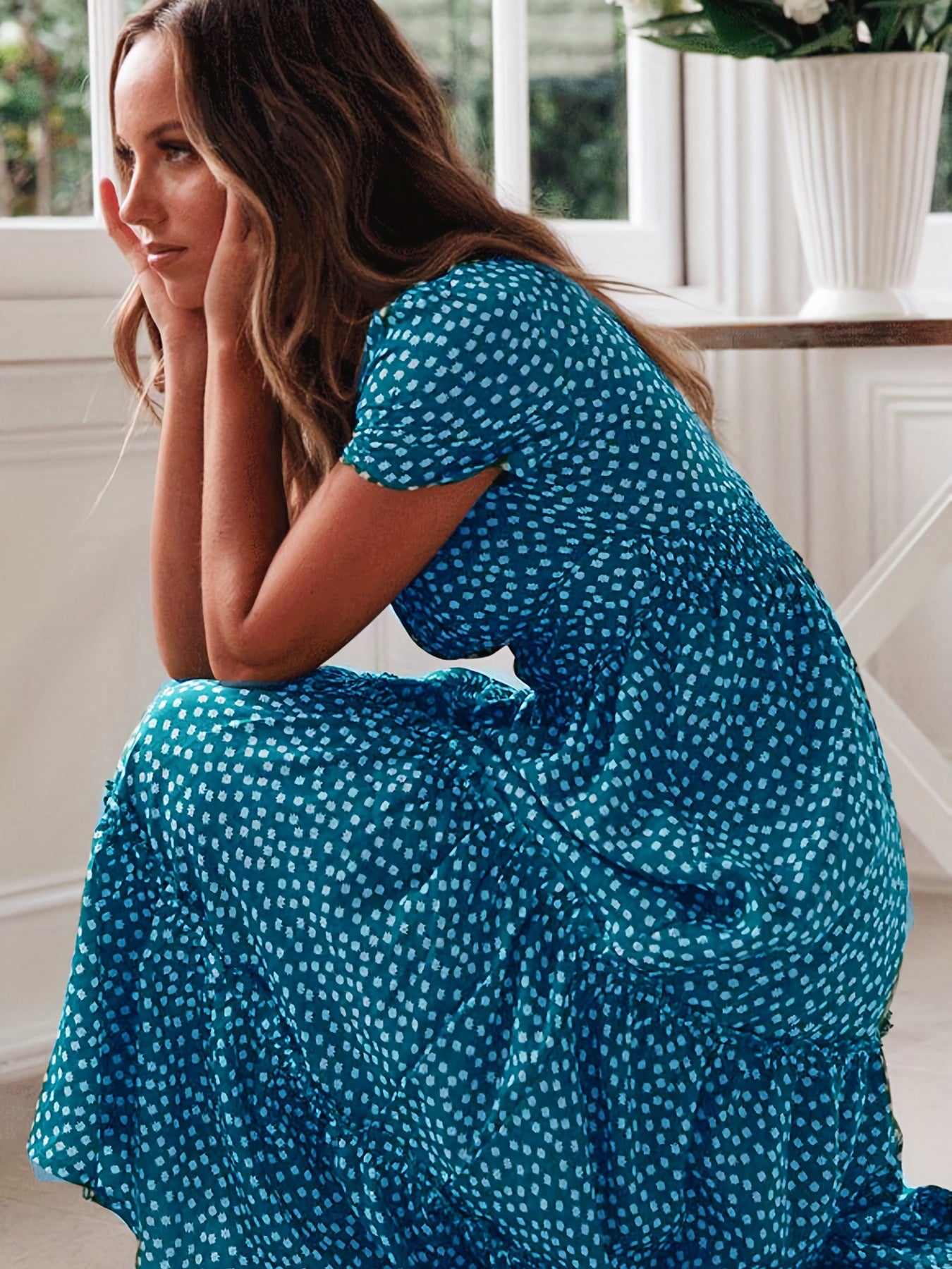 Floral Print Boho Puff Sleeve Tiered Flowy Maxi Dress CD196