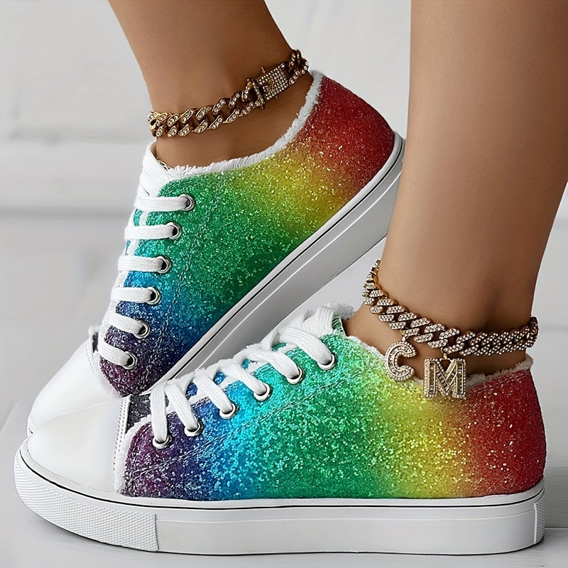 Women's Rhinestone Canvas Lace Up Low-top Sneakers CD413