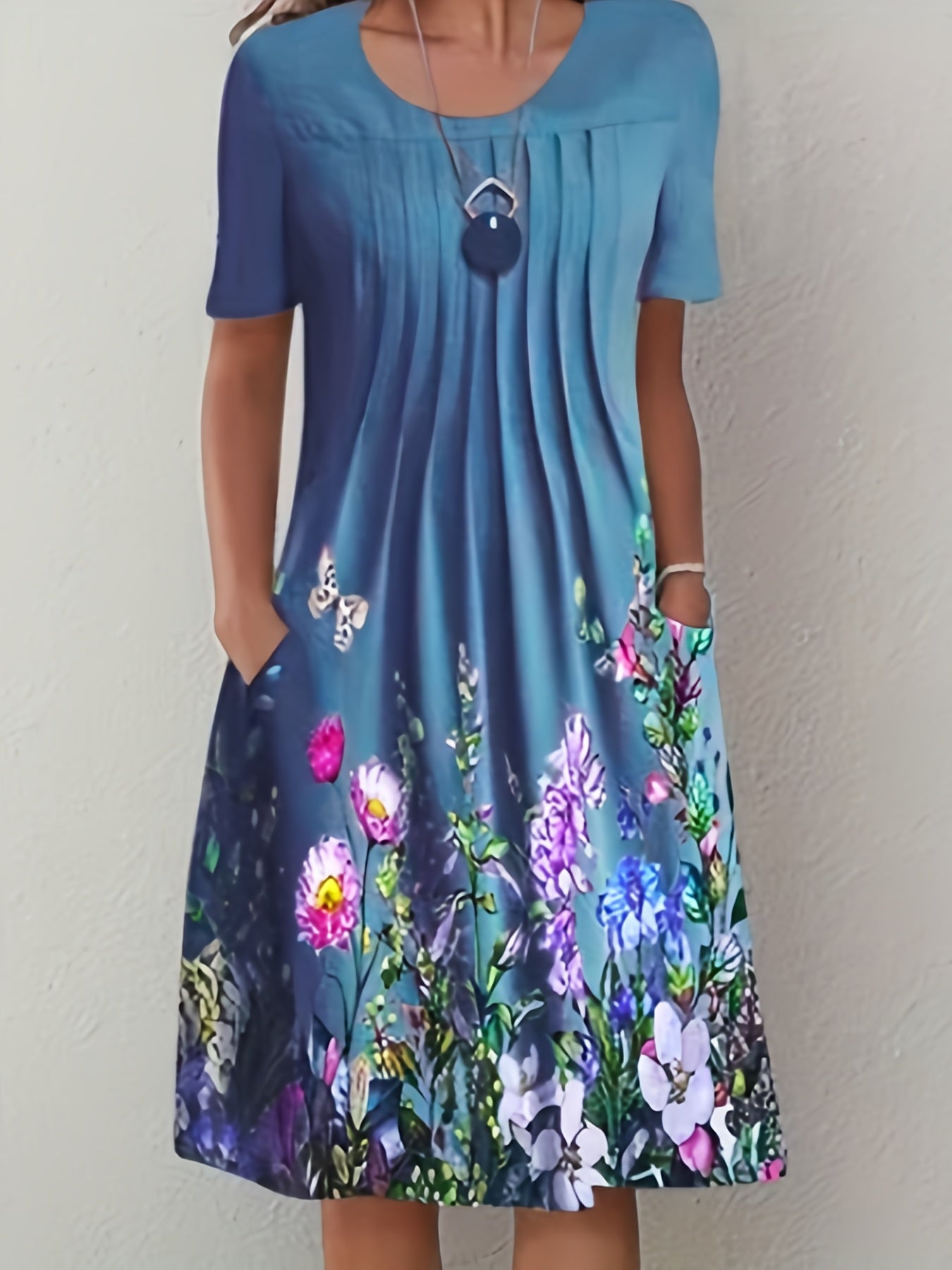 Floral Print Pleated Dual Pockets Dress CD189