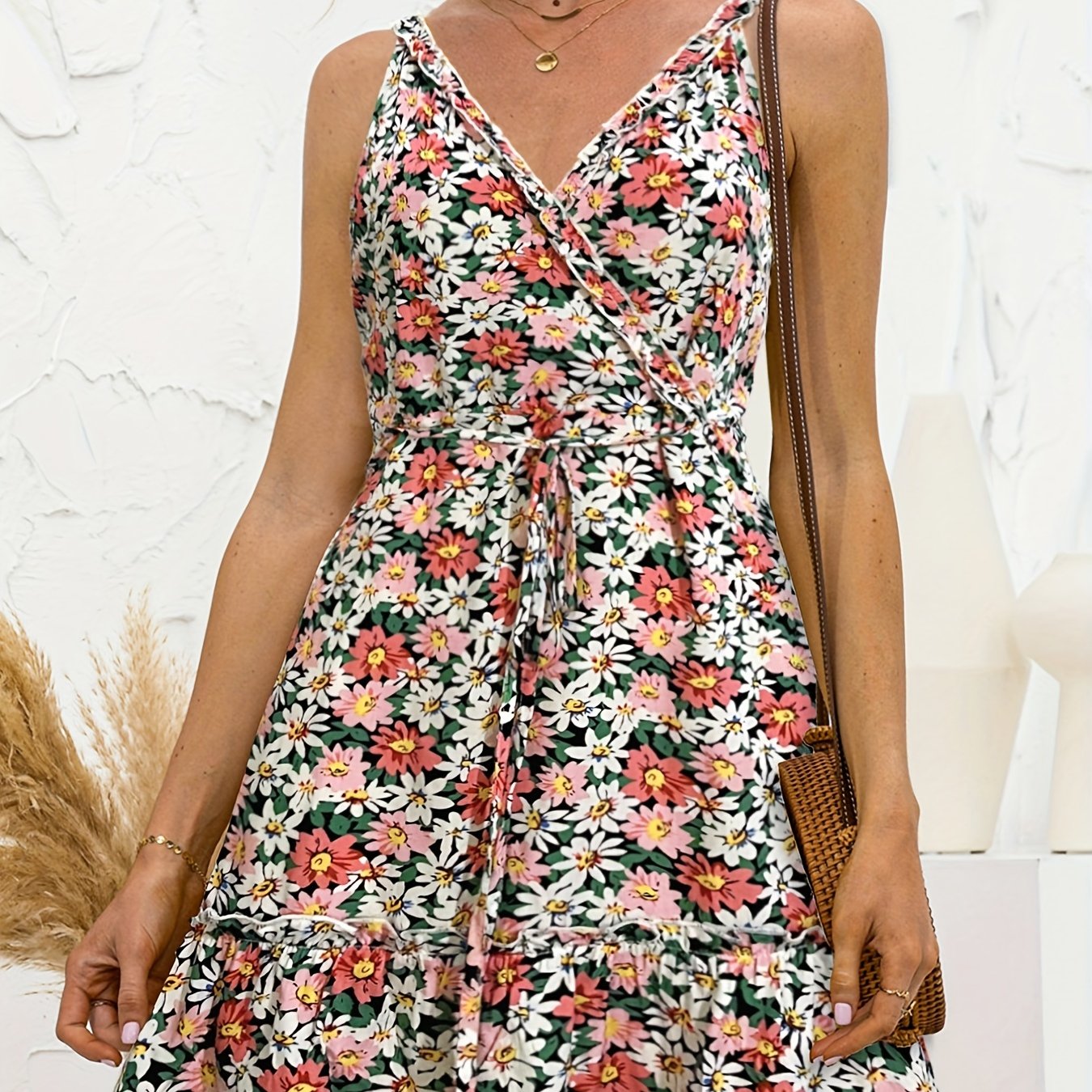 Floral Print Tie Front Boho Surplice Neck Sleeveless Dress CD199