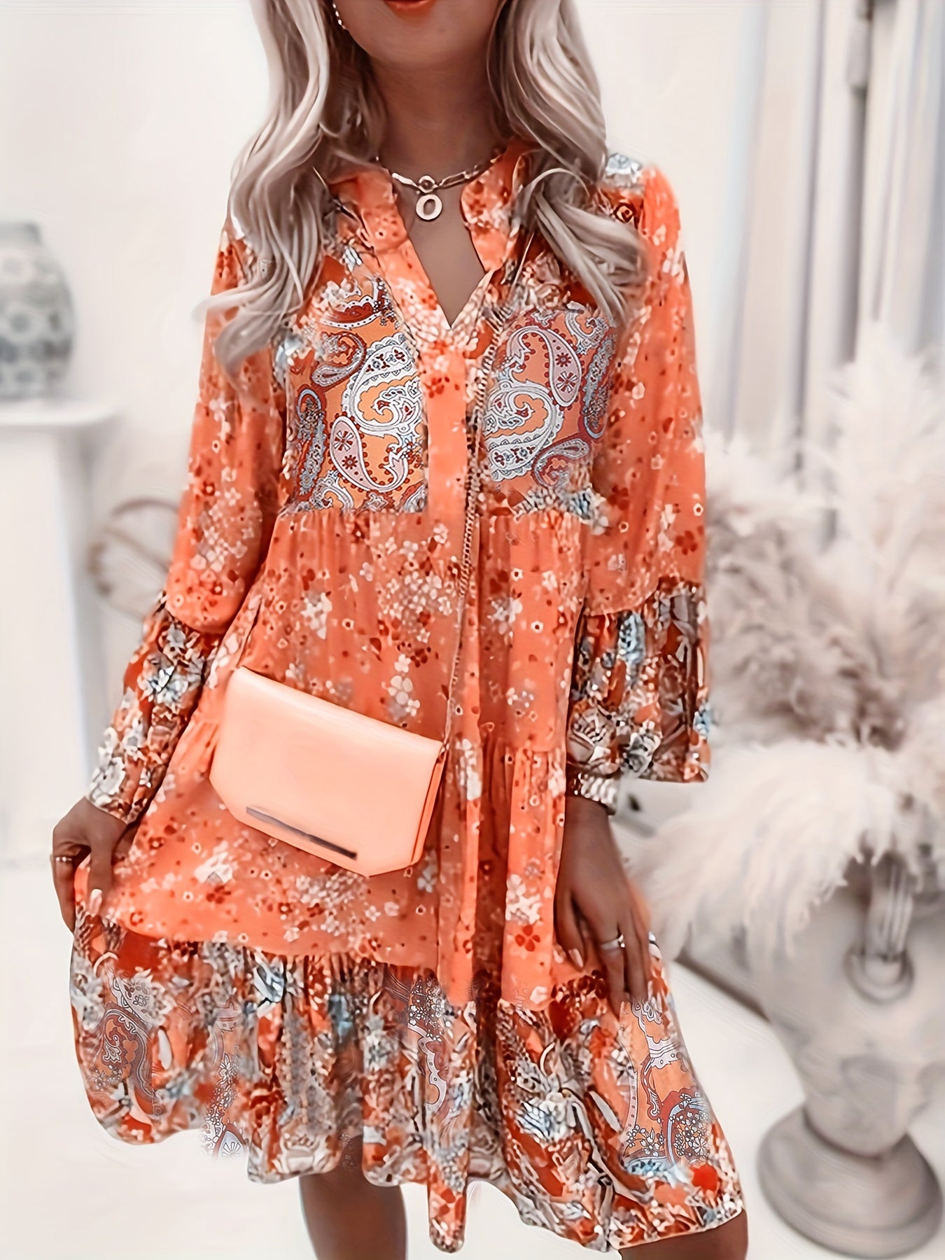 Floral Print Ruffle Hem Boho Holiday V-neck Dress CD186