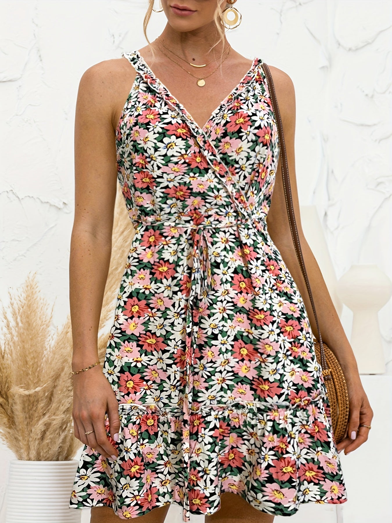 Floral Print Tie Front Boho Surplice Neck Sleeveless Dress CD199