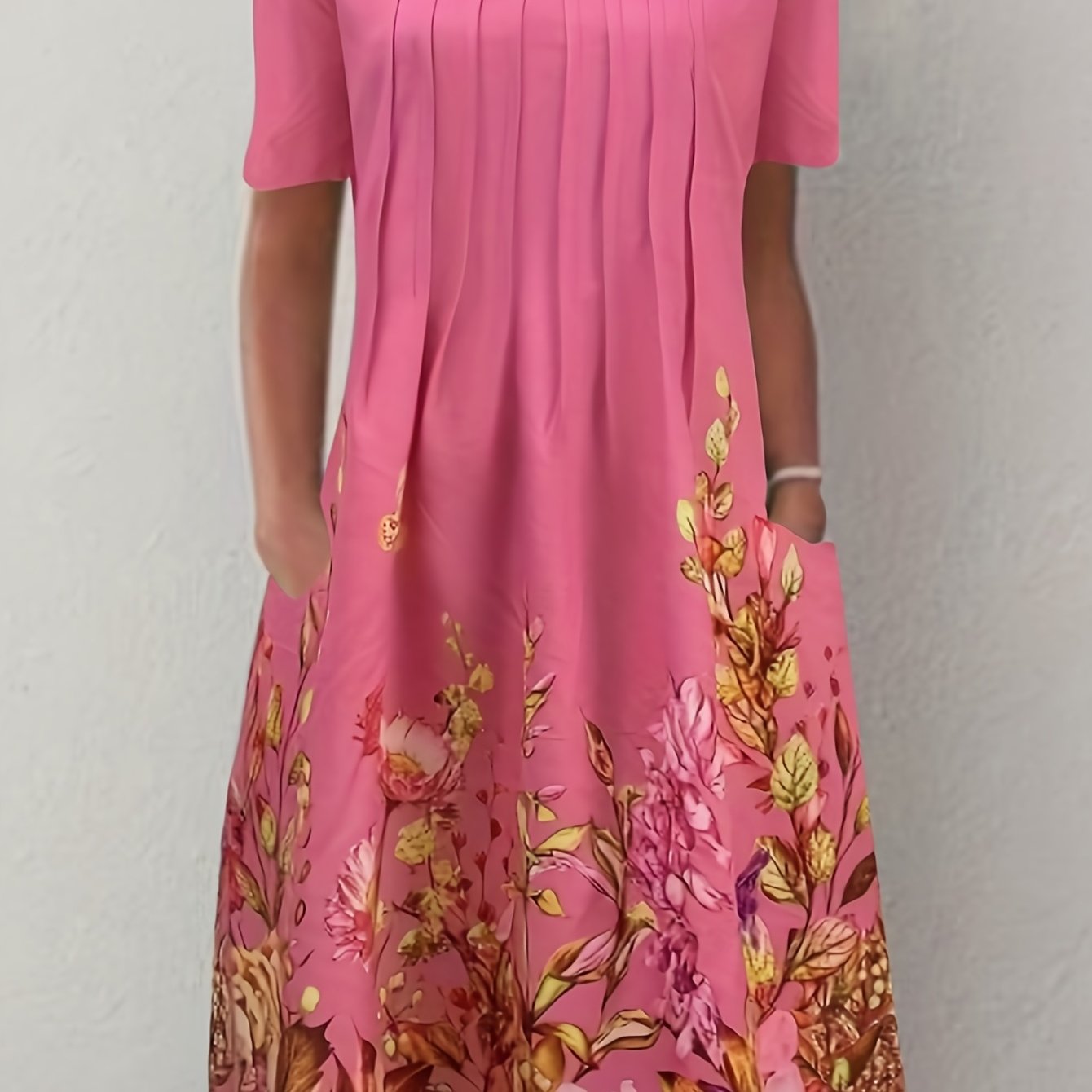 Floral Print Pleated Dual Pockets Dress CD189