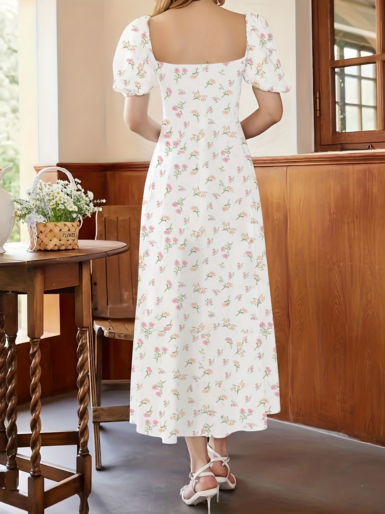 Floral Print Split Backless Boho Square Neck Dress CD203