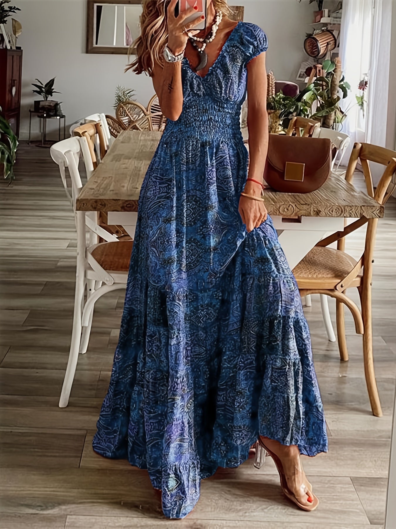 Floral Print Ruffle Neck Boho Large Swing Dress CD195